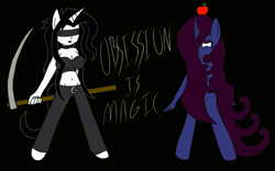 Size: 1024x640 | Tagged: safe, artist:thelordofdust, oc, oc only, oc:maneia, oc:nocturna, anthro, apple, fanfic, fanfic art, fanfic cover, megalomaneia, obsession is magic, scythe