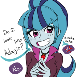 Size: 748x748 | Tagged: safe, artist:rileyav, sonata dusk, equestria girls, rainbow rocks, blushing, clothes, cross-popping veins, dialogue, female, gem, grin, implied aria blaze, impressions, jewelry, looking at you, necklace, ponytail, siren gem, smiling, solo