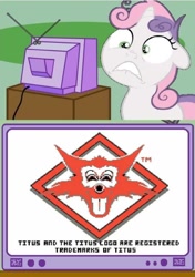 Size: 540x768 | Tagged: safe, derpibooru import, sweetie belle, sweetie bot, pony, robot, robot pony, unicorn, exploitable meme, female, filly, floppy ears, foal, hercules the legendary journeys, horn, meme, nightmare fuel, obligatory pony, solo, teeth, text, titus, tv meme, video game