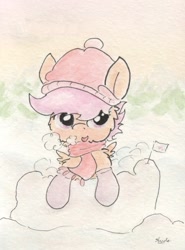 Size: 672x908 | Tagged: safe, artist:slightlyshade, derpibooru import, scootaloo, clothes, hat, scarf, snow, snow fort, solo, traditional art