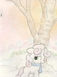 Size: 681x918 | Tagged: safe, artist:slightlyshade, derpibooru import, sweetie belle, clothes, scarf, snow, solo, traditional art, tree