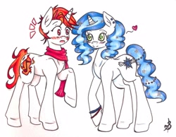 Size: 2832x2200 | Tagged: safe, artist:felly-pepper, oc, oc only, oc:vanilla, oc:zinc, pony, unicorn, blushing, clothes, heart, kiss mark, scarf, traditional art