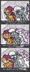 Size: 800x1914 | Tagged: safe, artist:romaniz, derpibooru import, diamond tiara, scootaloo, silver spoon, sweetie belle, flight to the finish, :t, animation error, comic