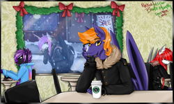 Size: 1249x749 | Tagged: safe, artist:nekomellow, derpibooru import, oc, oc only, anthro, christmas, coffee