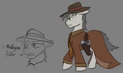 Size: 1134x677 | Tagged: safe, artist:mistermech, derpibooru import, oc, oc only, oc:prodigious peddler, fallout equestria, coat, gun, handgun, hat, holster, pistol, tales of a junk town pony peddler, weapon