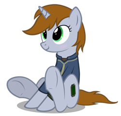 Size: 914x874 | Tagged: safe, artist:mrlolcats17, oc, oc only, oc:littlepip, pony, unicorn, fallout equestria, blushing, clothes, cute, cutie mark, fanfic, fanfic art, female, hooves, horn, mare, pipabetes, pipbuck, simple background, sitting, smiling, solo, transparent background, vault suit