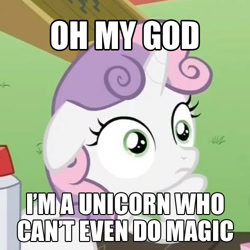 Size: 500x500 | Tagged: safe, edit, edited screencap, screencap, sweetie belle, pony, unicorn, ponyville confidential, cropped, exploitable meme, female, filly, floppy ears, hoof on chin, horn, image macro, meme, solo, sudden clarity sweetie belle, text, two toned mane, white coat, wide eyes, you don't say