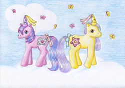 Size: 1024x724 | Tagged: safe, artist:normaleeinsane, derpibooru import, princess primrose, princess starburst, butterfly, g1, cloud, cloudy, traditional art