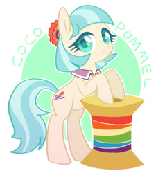 Size: 670x704 | Tagged: safe, artist:qpqp, derpibooru import, coco pommel, earth pony, pony, rarity takes manehattan, abstract background, circle background, cocobetes, colored pupils, cute, female, mare, rainbow thread, solo