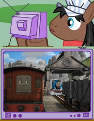 Size: 482x621 | Tagged: safe, full steam, promontory, exploitable meme, henrietta, meme, obligatory pony, thomas the tank engine, train, tv meme, wat