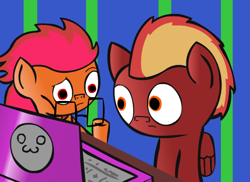 Size: 550x400 | Tagged: safe, artist:cell, derpibooru import, :3, andre, computer, dizzyrage, frown, glasses, hoof hold, laptop computer, motion, raised eyebrow, reaction image, wat, wide eyes