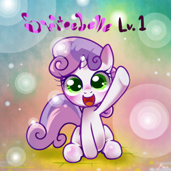 Size: 800x800 | Tagged: safe, artist:renokim, derpibooru import, sweetie belle, pony, unicorn, abstract background, cute, diasweetes, female, filly, looking at you, solo, waving