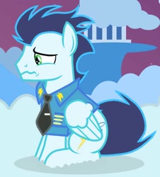 Size: 576x636 | Tagged: safe, artist:soarinpie, derpibooru import, soarin', cloudsdale, sad, solo, wonderbolts dress uniform