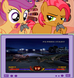 Size: 751x800 | Tagged: safe, babs seed, scootaloo, 1999, dreamworks, exploitable meme, game, interactive, jurassic park, meme, obligatory pony, playing, tv meme, versus, video game, warpath