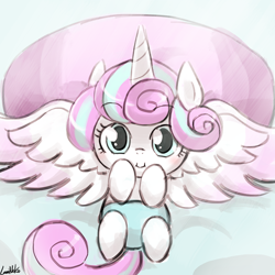 Size: 750x750 | Tagged: safe, artist:lumineko, princess flurry heart, alicorn, pony, :i, baby, baby pony, bed, cute, diaper, female, filly, flurrybetes, foal, looking at you, lumineko is trying to murder us, offspring, on back, pillow, smiling, solo, spread wings, that was fast