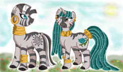 Size: 2971x1740 | Tagged: safe, artist:missberet, zecora, oc, zebra, dreadlocks