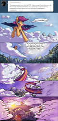 Size: 1616x3332 | Tagged: safe, artist:darkflame75, derpibooru import, scootaloo, bat pony, pony, ask, bat ponified, cloud, cloudy, flying, pomf, race swap, scootabat, solo, student of the night, sunset, trail, tumblr