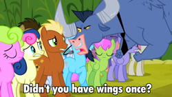 Size: 960x540 | Tagged: safe, derpibooru import, screencap, bon bon, cloud kicker, daisy, flower wishes, iron will, linky, meadow song, merry may, shoeshine, sweetie drops, twinkleshine, earth pony, minotaur, pegasus, pony, background pony, female, image macro, male, mare, necktie, nose piercing, nose ring, piercing, stallion