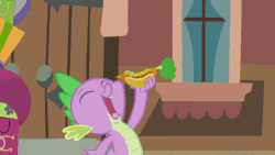 Size: 576x324 | Tagged: safe, edit, edited screencap, screencap, spike, bird, dragon, rarity takes manehattan, animated, carrot dog, eye beams, i can't believe it's not superedit, laser, optic blast, simpsons did it, solo, songbird, the simpsons
