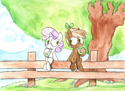 Size: 1024x750 | Tagged: safe, artist:talonsofwater, derpibooru import, button mash, sweetie belle, female, juice box, male, shipping, straight, sweetiemash, traditional art, watercolor painting