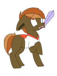 Size: 1024x1365 | Tagged: safe, artist:sissysonikku, derpibooru import, button mash, earth pony, pony, blank flank, colt, don't mine at night, floppy ears, foal, hat, hooves, male, mouth hold, propeller hat, raised hoof, simple background, solo, sword, teeth, transparent background