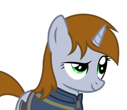 Size: 1444x1255 | Tagged: artist needed, source needed, safe, oc, oc only, oc:littlepip, pony, unicorn, fallout equestria, clothes, cutie mark, fanfic, fanfic art, female, horn, mare, simple background, smiling, solo, transparent background, vault suit