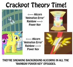 Size: 800x736 | Tagged: safe, derpibooru import, edit, edited screencap, screencap, lemon hearts, neon lights, rising star, alicorn, pony, rainbow falls, rarity takes manehattan, alicornified, animation error, background pony, everyone is an alicorn, image macro, insane fan theory, lemoncorn, meme, neoncorn, race swap, rainbow of harmony, rainbow power, rainbow thread, spot the alicorn, theory, wonderbolt badge