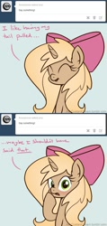 Size: 700x1468 | Tagged: safe, artist:biscuitpone, derpibooru import, oc, oc only, oc:custard cream, pony, unicorn, 2 panel comic, ask, ask custard cream, blushing, comic, female, mare, solo, tumblr