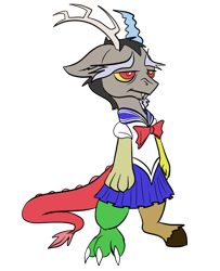 Size: 602x742 | Tagged: safe, artist:desert-sage, derpibooru import, discord, draconequus, clothes, male, sailor uniform, schoolgirl, simple background, solo, transparent background, unamused