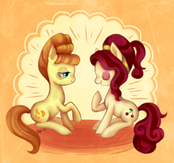 Size: 1808x1701 | Tagged: safe, artist:trefleix, derpibooru import, aunt orange, cherry jubilee, earth pony, pony, eyes closed, female, mare, profile, sitting, smiling