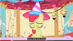 Size: 642x364 | Tagged: safe, derpibooru import, screencap, apple bloom, the cutie pox, i know exactly what went wrong, meme, solo, youtube caption