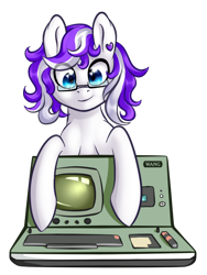 Size: 510x680 | Tagged: safe, artist:woodentoaster, derpibooru import, oc, oc only, computer, glasses, looking at you, purple mane, smiling, solo, wang