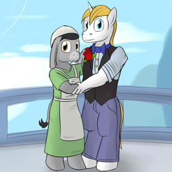 Size: 1280x1280 | Tagged: safe, artist:fuzebox, derpibooru import, prince blueblood, oc, oc:connie, anthro, donkey, unguligrade anthro, apron, bowtie, canon x oc, clothes, dress, jenny, marriage, vest