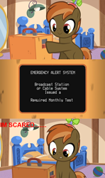 Size: 640x1080 | Tagged: safe, artist:jan, derpibooru import, button mash, button's odd game, emergency alert system, exploitable meme, meme, nightmare fuel, nightmode, obligatory pony, scary, television, test, tv meme