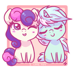 Size: 1392x1335 | Tagged: safe, artist:steffy-beff, bon bon, lyra heartstrings, sweetie drops, earth pony, pony, unicorn, adorabon, blushing, chibi, cute, eyes closed, female, lesbian, lyrabetes, lyrabon, mare, one eye closed, shipping, sitting, smiling