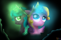 Size: 1024x678 | Tagged: safe, artist:phinbella02, derpibooru import, princess skyla, oc, oc:princess larva, alicorn, changeling, changeling queen, hybrid, nymph, pony, changeling queen oc, female, interspecies offspring, offspring, parent:princess cadance, parent:queen chrysalis, parent:shining armor, parents:shining chrysalis, parents:shiningcadance