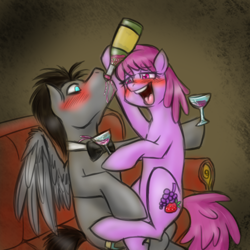 Size: 500x500 | Tagged: safe, artist:jitterbugjive, derpibooru import, berry punch, berryshine, doctor whooves, discord whooves, discorded, drunk, wine