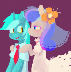 Size: 2629x2649 | Tagged: dead source, safe, artist:berrydrops, derpibooru import, bon bon, lyra heartstrings, sweetie drops, earth pony, pony, unicorn, clothes, dress, female, lesbian, lyrabon, mare, necktie, shipping, wedding dress