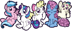 Size: 1024x438 | Tagged: safe, artist:opallene, derpibooru import, bow tie (g1), firefly, glory, skydancer, surprise, g1, colt, filly, g1 to g4, generation leap, rule 63, younger