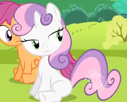 Size: 500x401 | Tagged: safe, derpibooru import, screencap, scootaloo, sweetie belle, lesson zero, cropped, duo, hub logo, lidded eyes