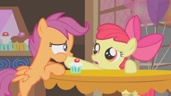 Size: 720x405 | Tagged: safe, derpibooru import, screencap, apple bloom, scootaloo, call of the cutie, cupcake, hoof in mouth