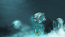 Size: 6000x3375 | Tagged: safe, artist:darkflame75, derpibooru import, lyra heartstrings, fanfic:background pony, clothes, emo lyra, female, fog, hoodie, lyre, moon, musical instrument, night, sad, solo