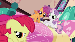 Size: 720x405 | Tagged: safe, derpibooru import, screencap, apple bloom, scootaloo, sweetie belle, earth pony, pegasus, pony, unicorn, one bad apple, bed, cutie mark crusaders, female