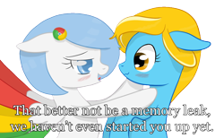 Size: 1504x926 | Tagged: safe, artist:xeirox, derpibooru import, edit, oc, oc only, oc:google chrome, oc:internet explorer, earth pony, pegasus, pony, blushing, browser ponies, caption, exploitable meme, female, google chrome, interchrome, interchrome meme, internet browser, internet explorer, lesbian, lesbian pony internet browsers, looking at each other, mare, meme, oc x oc, shipping
