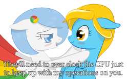 Size: 1504x926 | Tagged: safe, artist:xeirox, derpibooru import, edit, oc, oc only, oc:google chrome, oc:internet explorer, earth pony, pegasus, pony, blushing, browser ponies, caption, exploitable meme, female, google chrome, interchrome, interchrome meme, internet browser, internet explorer, lesbian, lesbian pony internet browsers, looking at each other, mare, meme, oc x oc, shipping