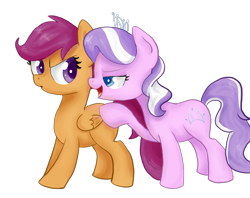 Size: 1200x950 | Tagged: safe, artist:maggymss, derpibooru import, diamond tiara, scootaloo, earth pony, pegasus, pony, duo, female, filly