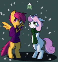 Size: 997x1072 | Tagged: safe, artist:sparkdust, derpibooru import, scootaloo, sweetie belle, bipedal, blushing, clothes, cute, female, flower, jacket, lesbian, mistletoe, scarf, scootabelle, shipping, smiling, snow