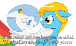 Size: 1504x926 | Tagged: safe, artist:xeirox, derpibooru import, edit, oc, oc only, oc:google chrome, oc:internet explorer, earth pony, pegasus, pony, blushing, browser ponies, caption, exploitable meme, female, google chrome, hilarious in hindsight, implied magical lesbian spawn, interchrome, interchrome meme, internet browser, internet explorer, lesbian, lesbian pony internet browsers, looking at each other, mare, meme, oc x oc, shipping