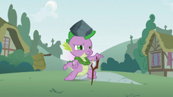 Size: 1054x592 | Tagged: safe, derpibooru import, screencap, spike, dragon, feeling pinkie keen, leaf, male, pose, rock, solo, stick