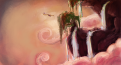 Size: 1800x969 | Tagged: safe, artist:nettrip, derpibooru import, scootaloo, flying, scenery, solo, waterfall